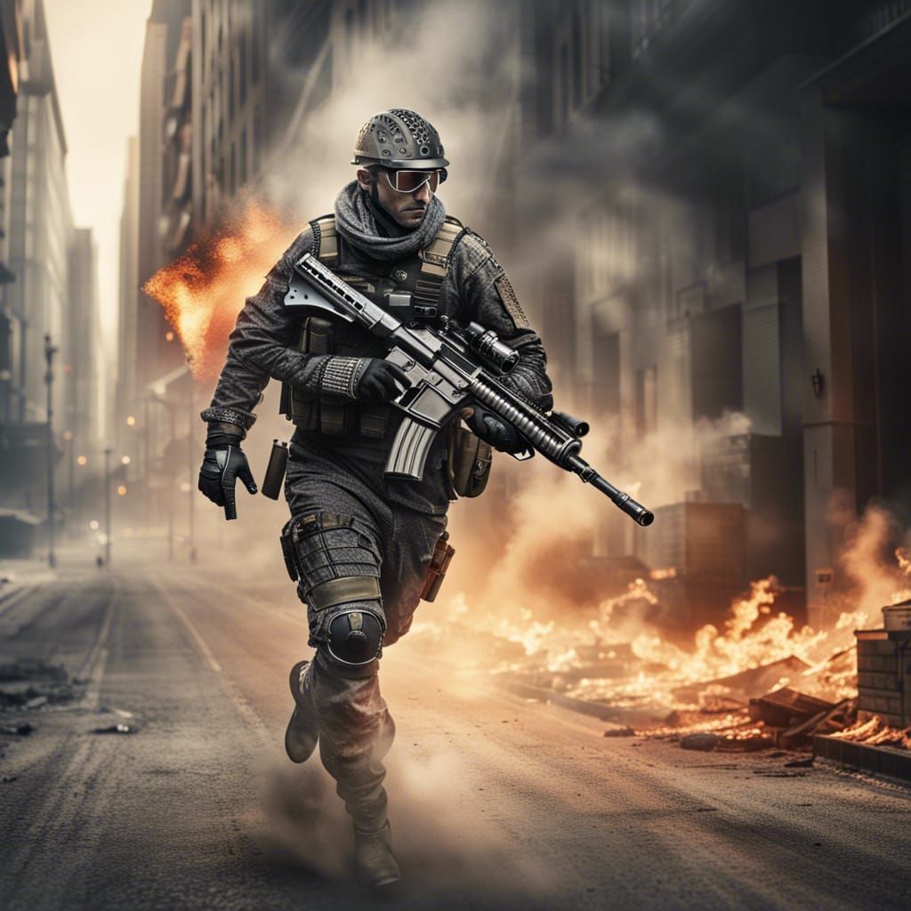 Armored Agent in Burning City: Hyperrealistic HDR Image