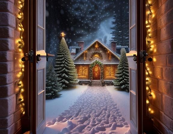 Cozy Christmas Cabin Scene with Decorated Tree