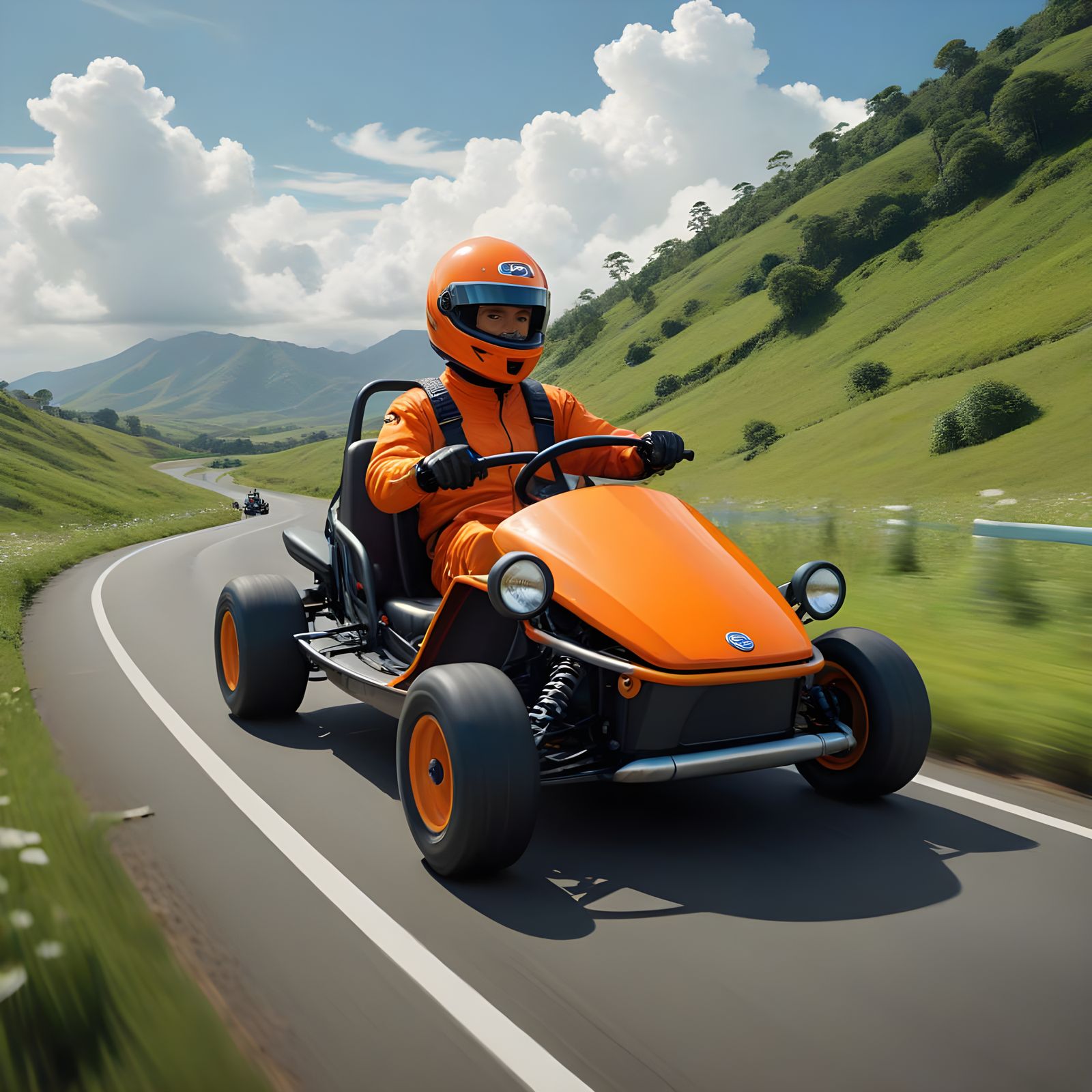 Giant Speeds Along Whimsical Go Kart Track