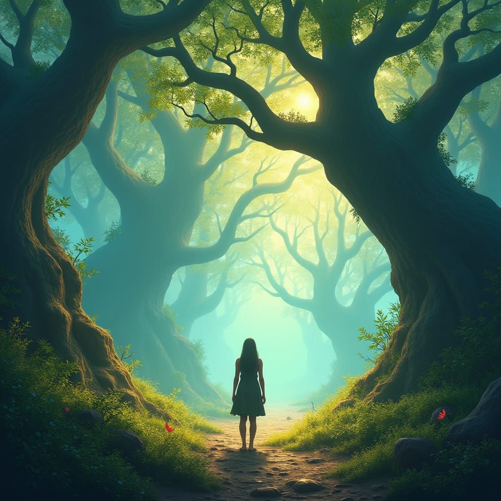 Mystical Realm: Lone Figure in Dreamlike Landscape