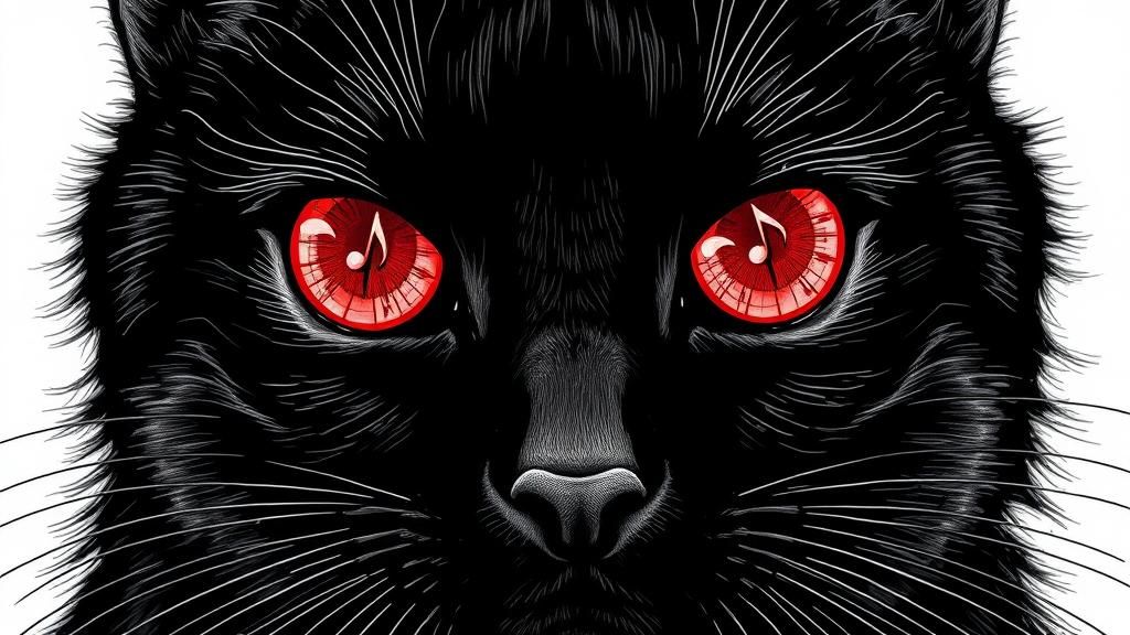 Gothic Black Cat Portrait with Musical Note Pupils
