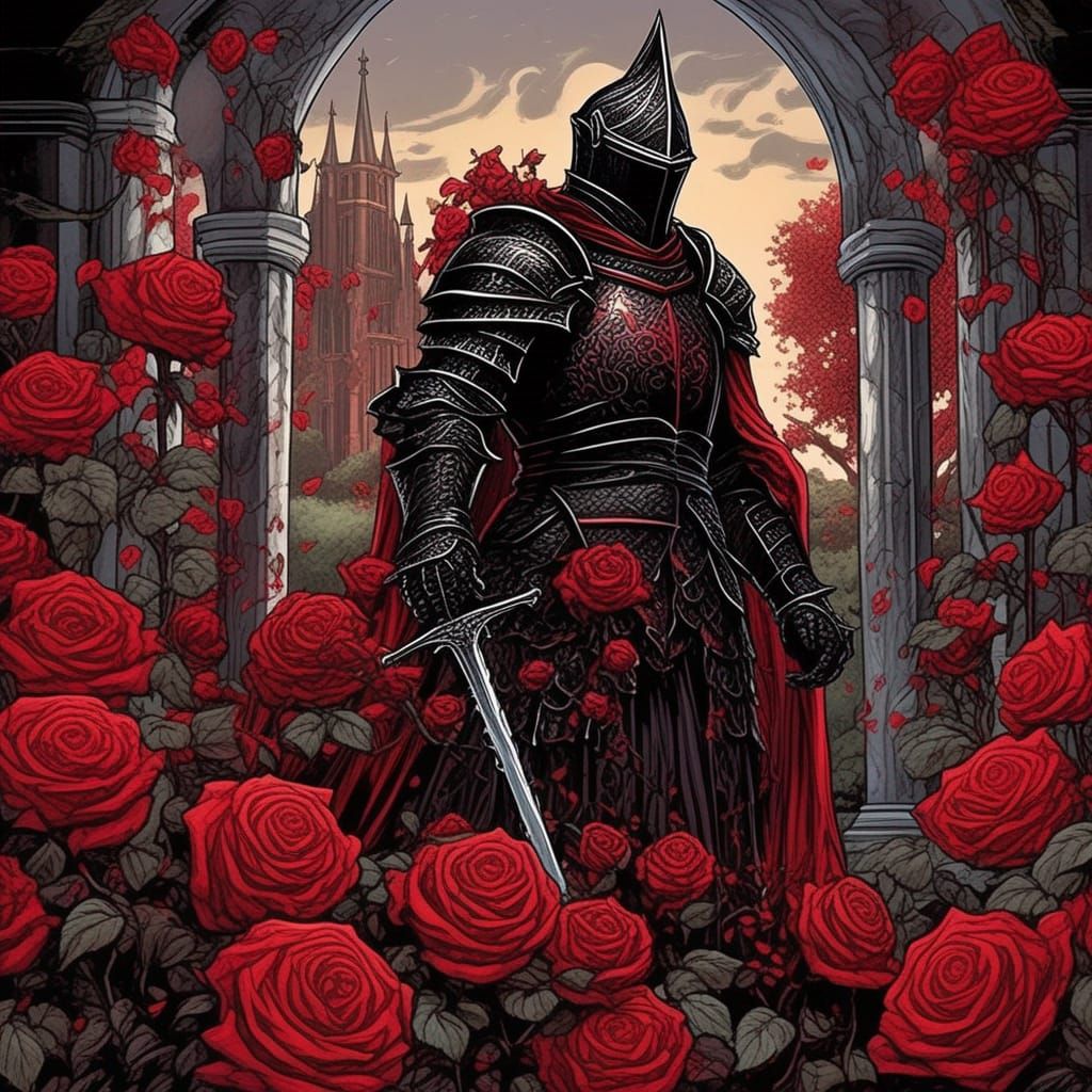 Gothic Black Knight in Crimson Rose Garden