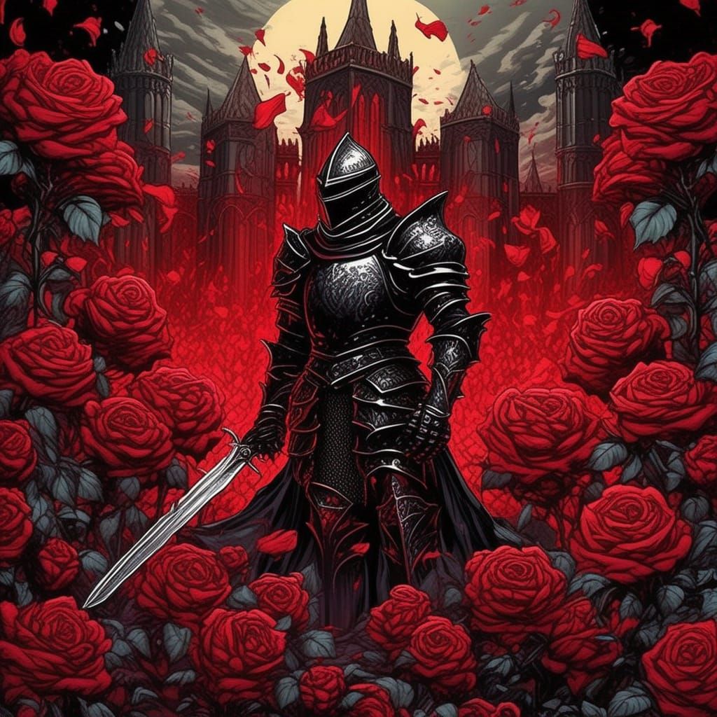 Gothic Black Knight in Crimson Rose Garden