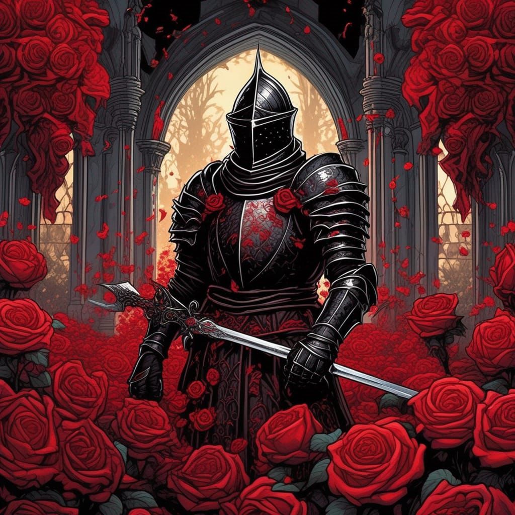 Gothic Black Knight in Crimson Rose Garden