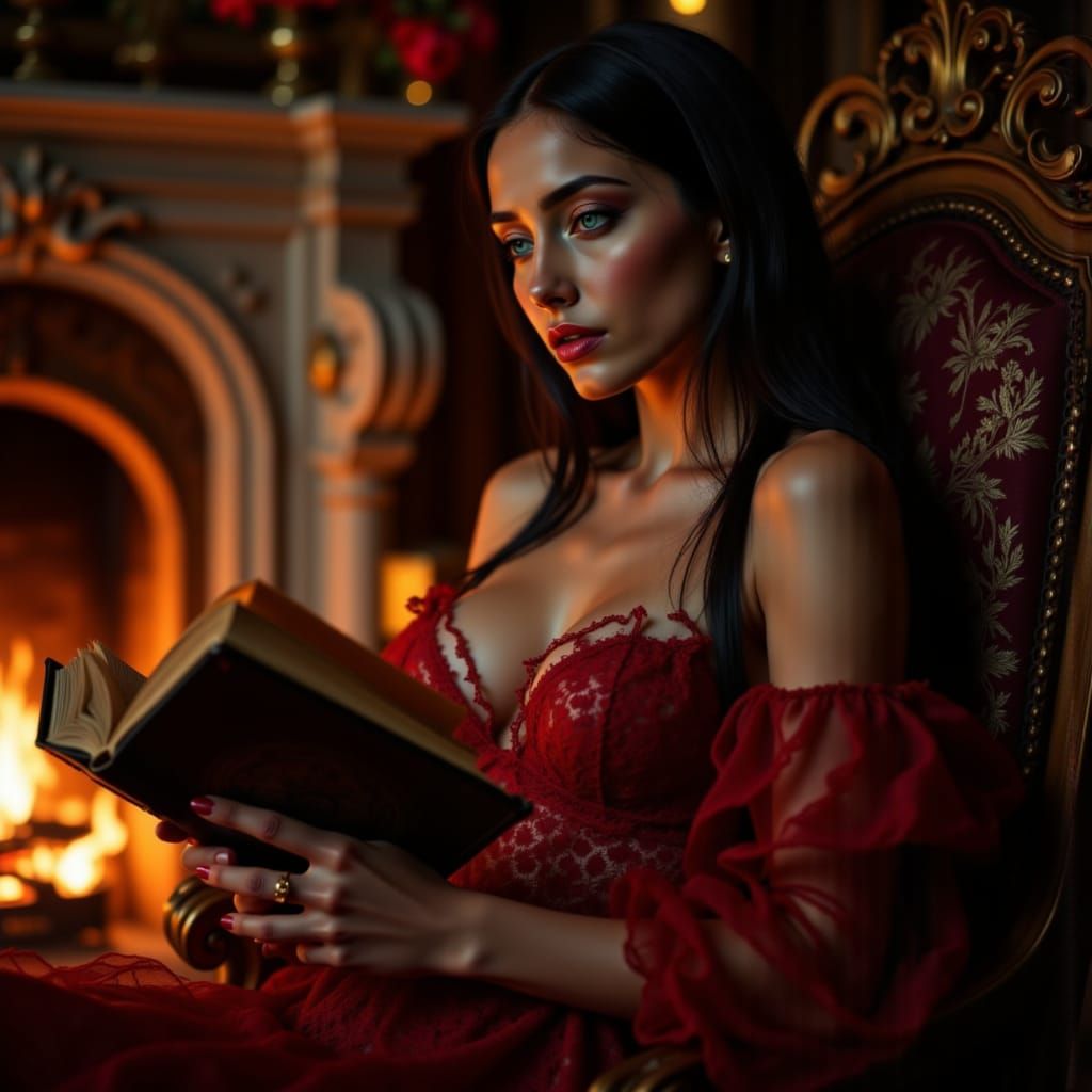 Baroque Portrait of Woman Reading by Firelight