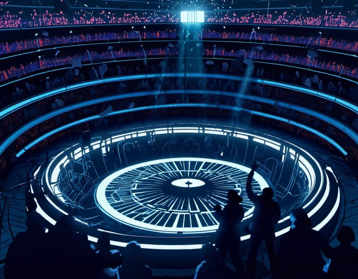 Majestic Retro-Futuristic Arena in Life Renewal Scene