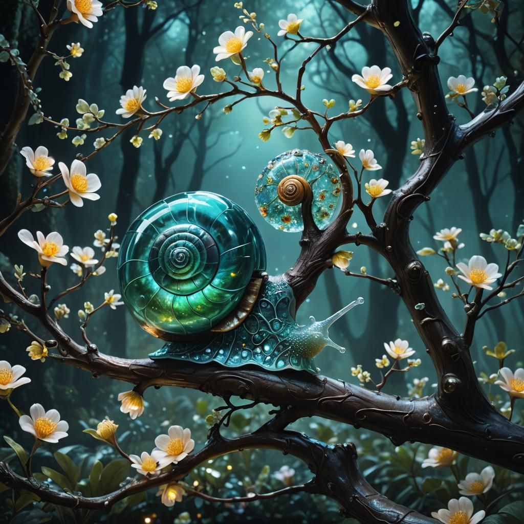 Bioluminescent Flowers in Jade Crystal Snail Shell