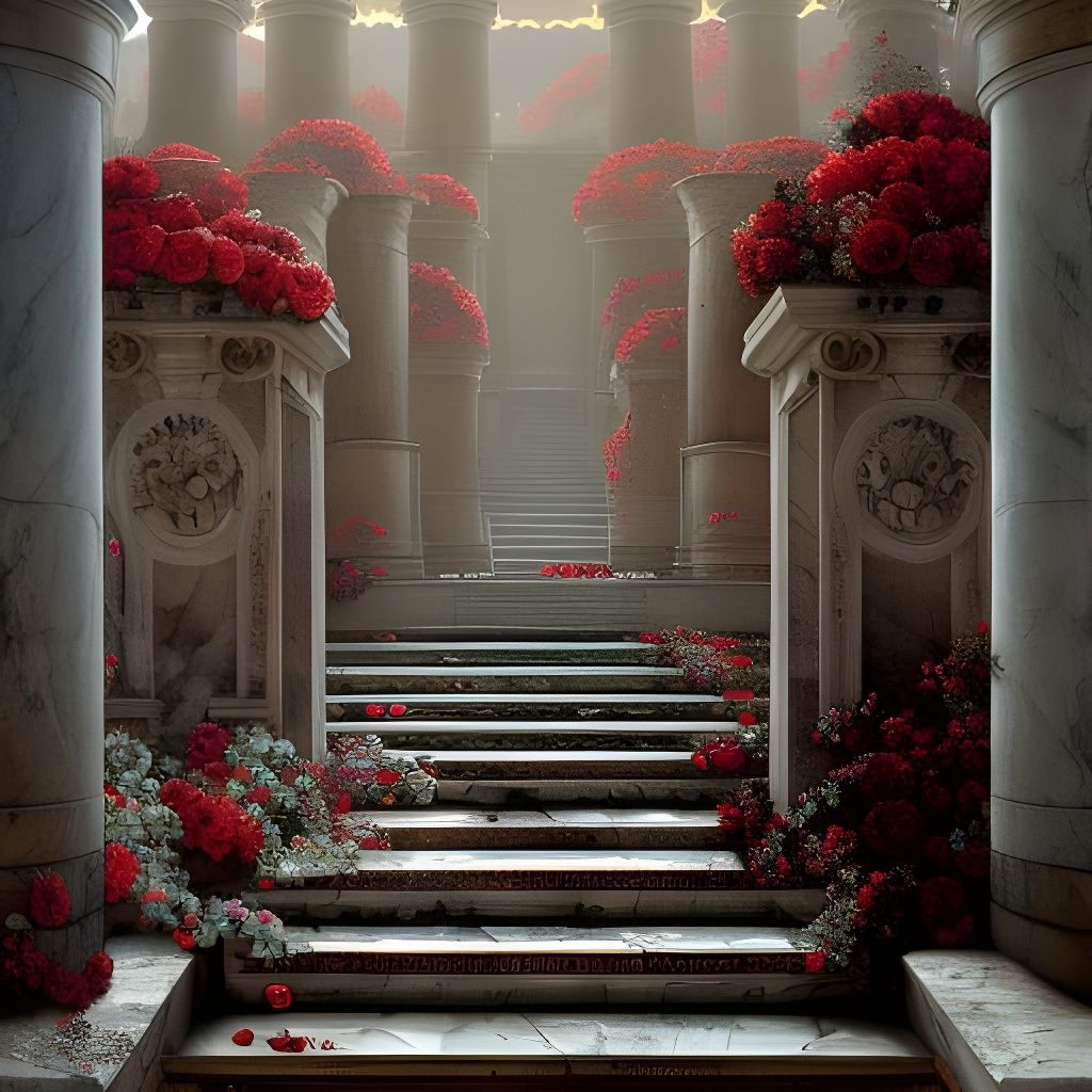 Marble Stairway with Roses in Golden Light
