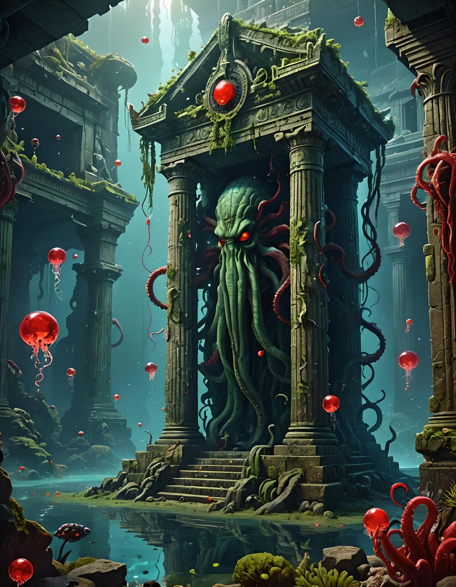 Cthulhu's Red Eyes in Sunken Temple Ruins