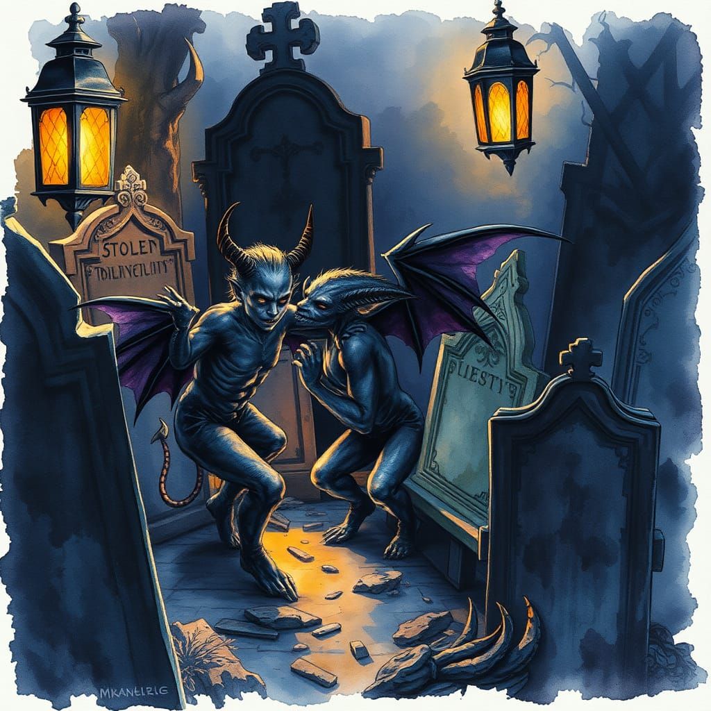 Gothic watercolor. Medium shot. Demon children playing among gravestones. Macabre low-angle. Brushstrokes in dark blues ...