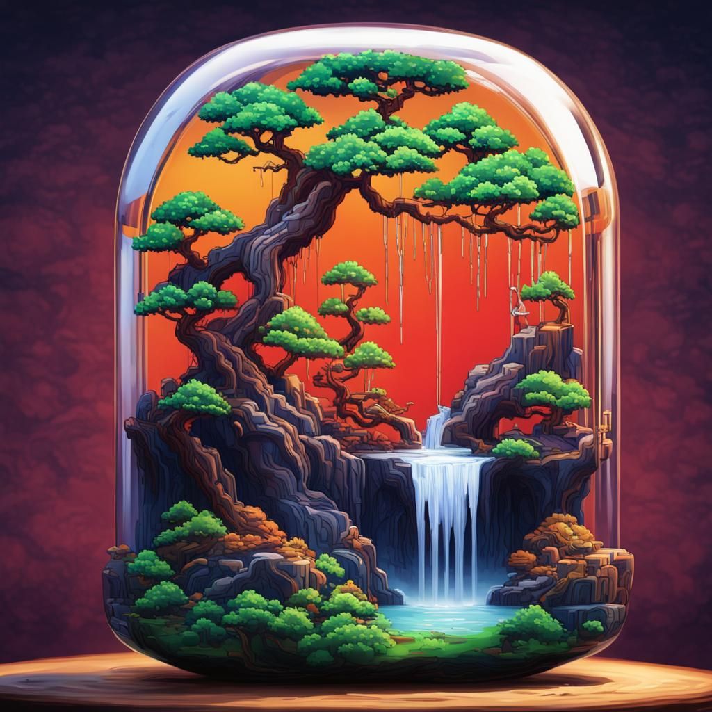 8-bit Bonsai Waterfall Glass Pendant