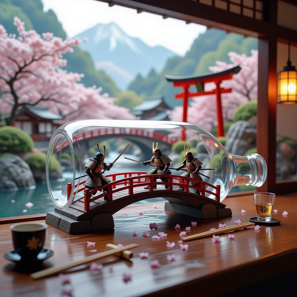 Samurai Battle Inside Sake Bottle: Japanese Woodblock Art