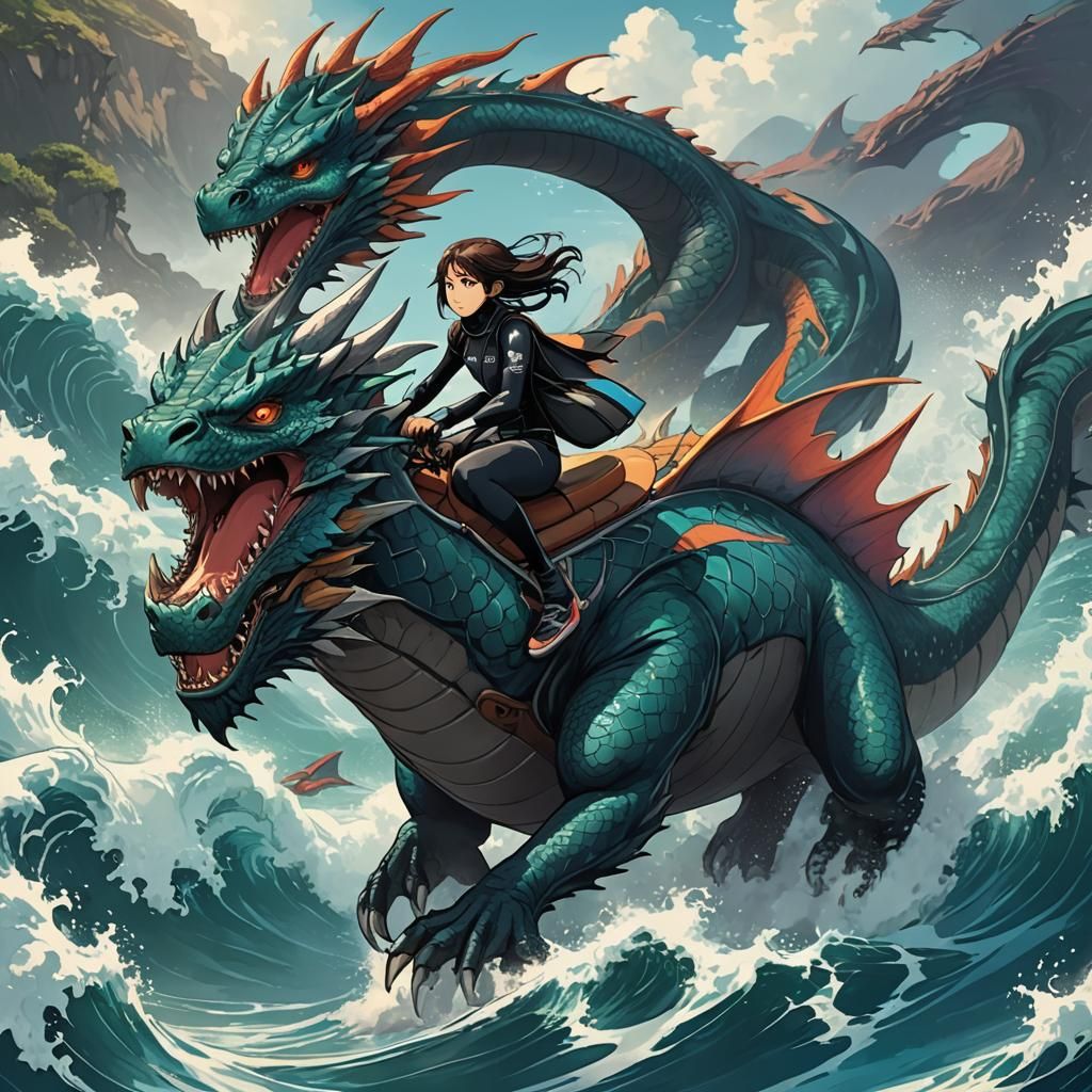 Surfer Riding Dragon in Anime Style