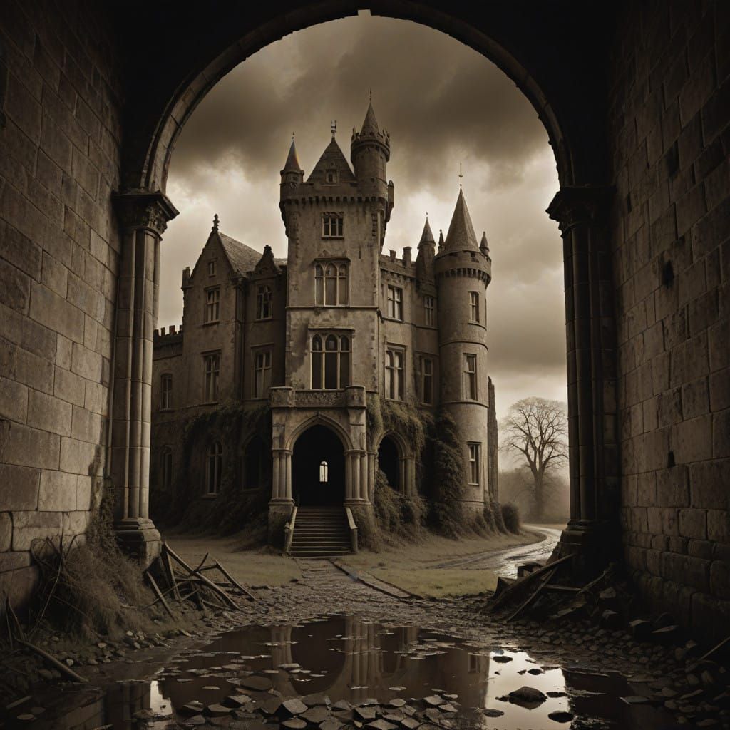 Abandoned Irish Castle at Sunset with a Transparent Ghost