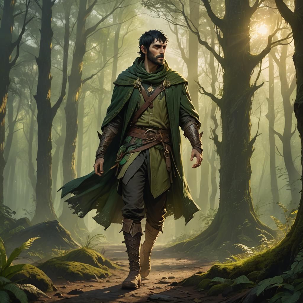 Half-Elf Mystic in Misty Forest: Dark Fantasy Art