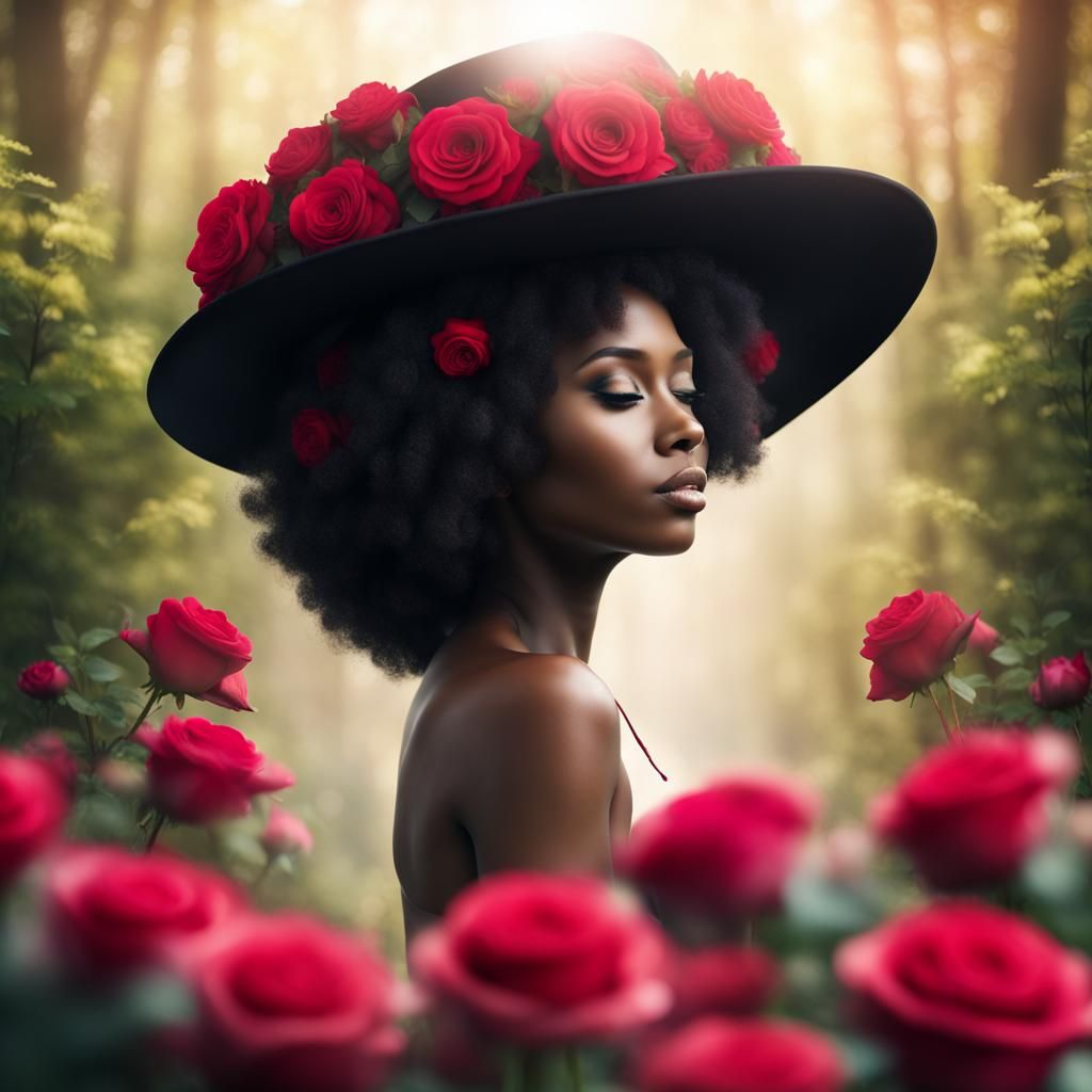 Black Girl in Rose Forest with Hat-Shaped Hat