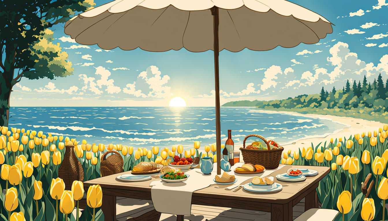 Serene Beach Picnic in Vibrant Anime Style