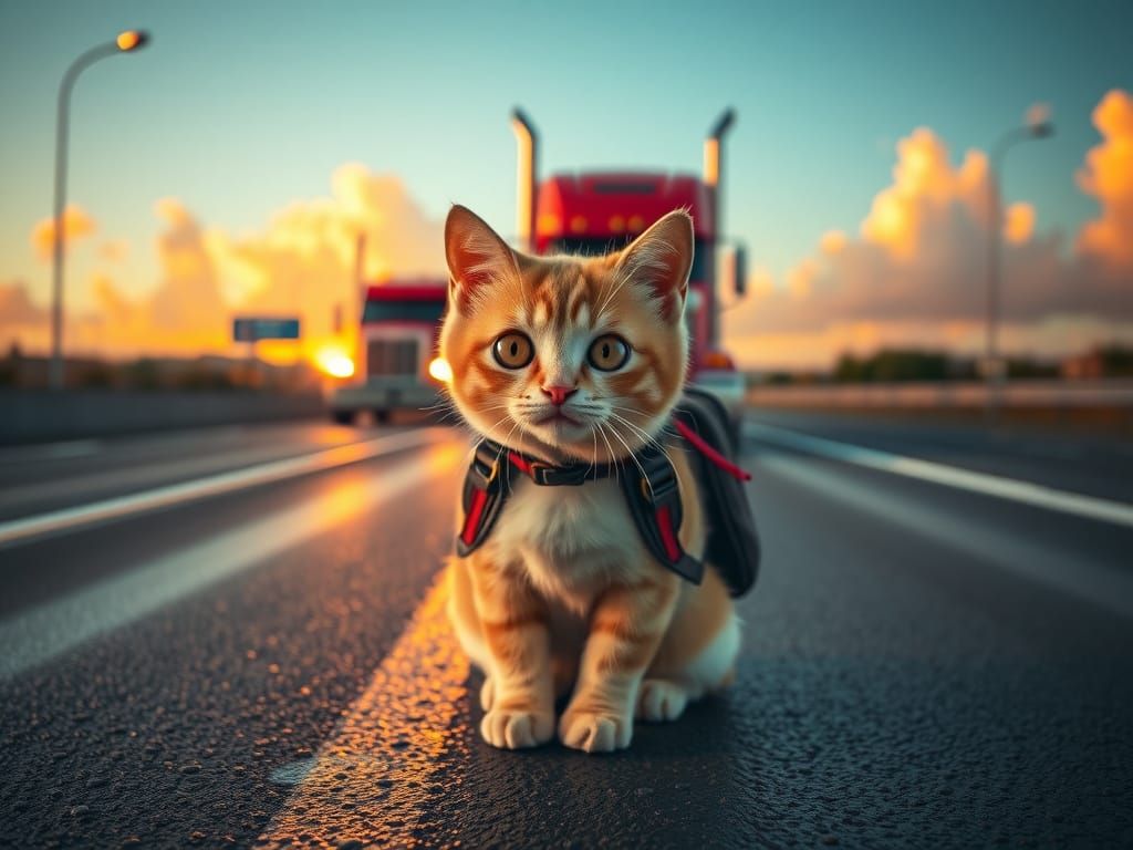 Kawaii Cat on Road with Approaching Truck