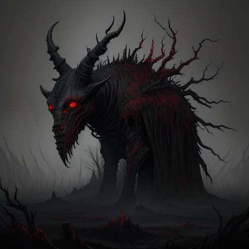 Gothic Demon Lurks in Shadows with Glowing Red Eyes