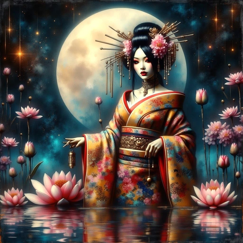 Exquisite Geisha Amidst Lotus Pond in Hypereal Dreamscapes
