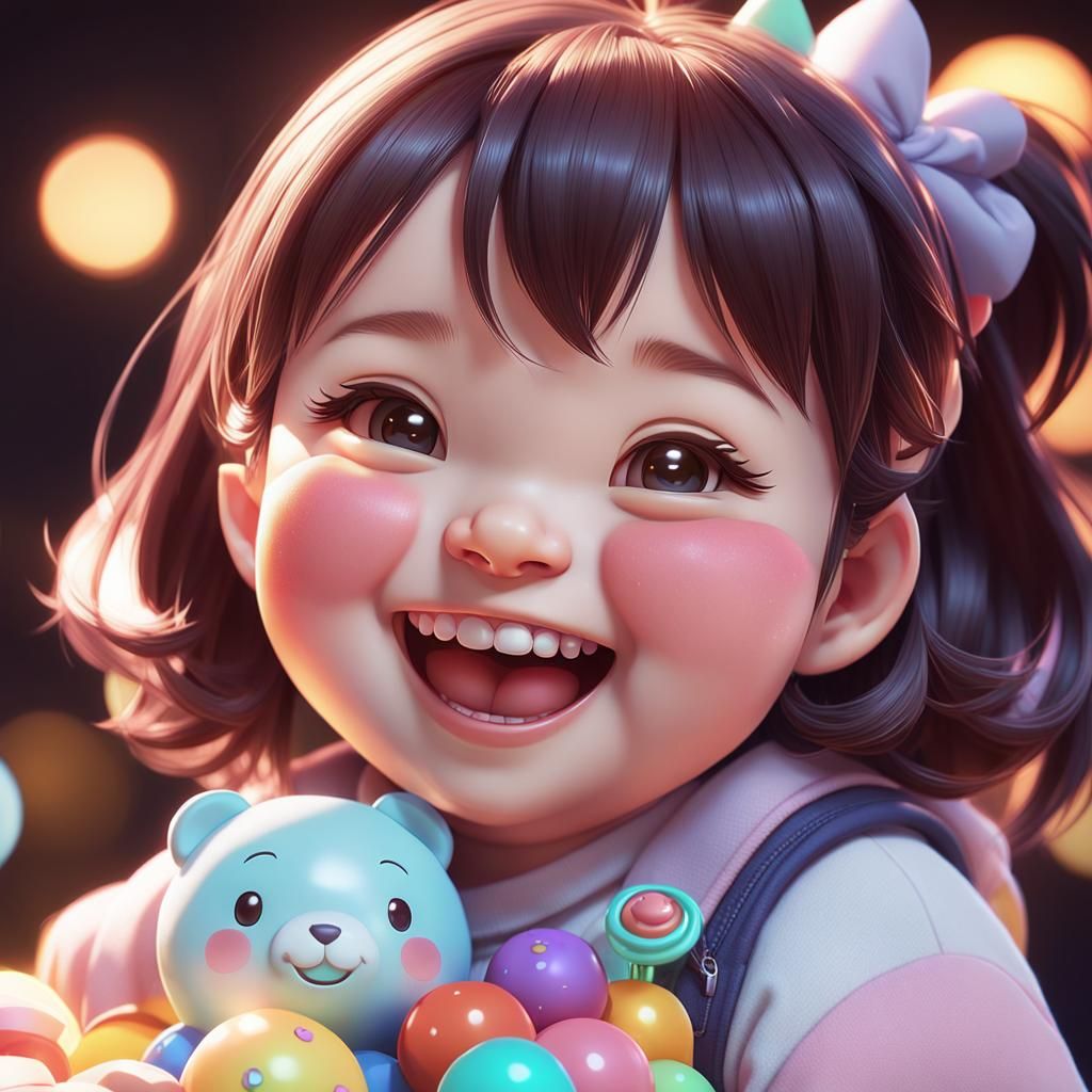 Laughing Anime Baby Girl Portrait in 3D