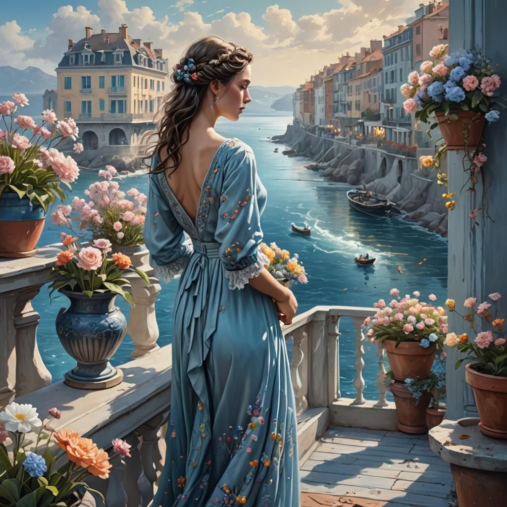 Woman with Braid Admiring Sea in Pastel Colors
