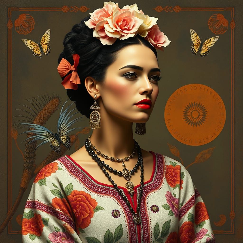 Woman in Traditional Dress Surrounded by Surreal Elements