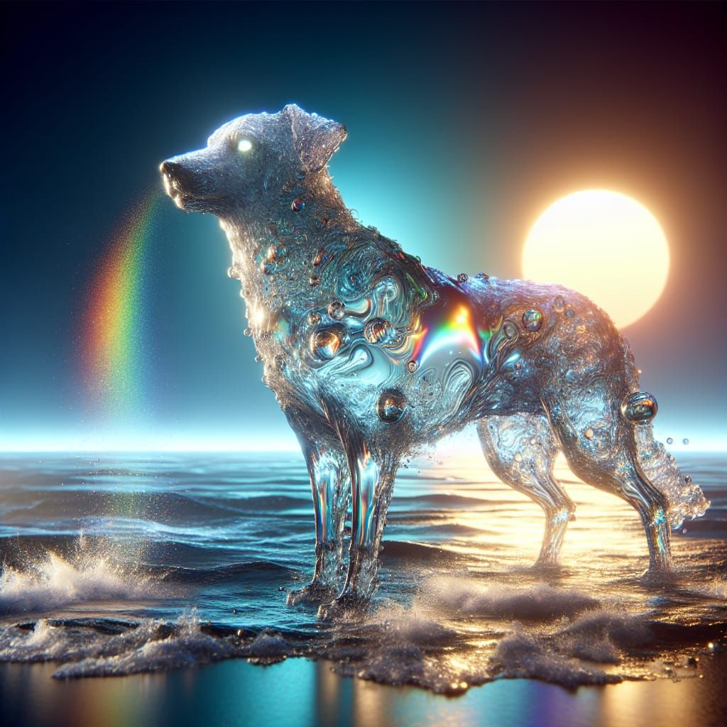 Photorealistic Water Dog with Rainbow Highlights on Beach