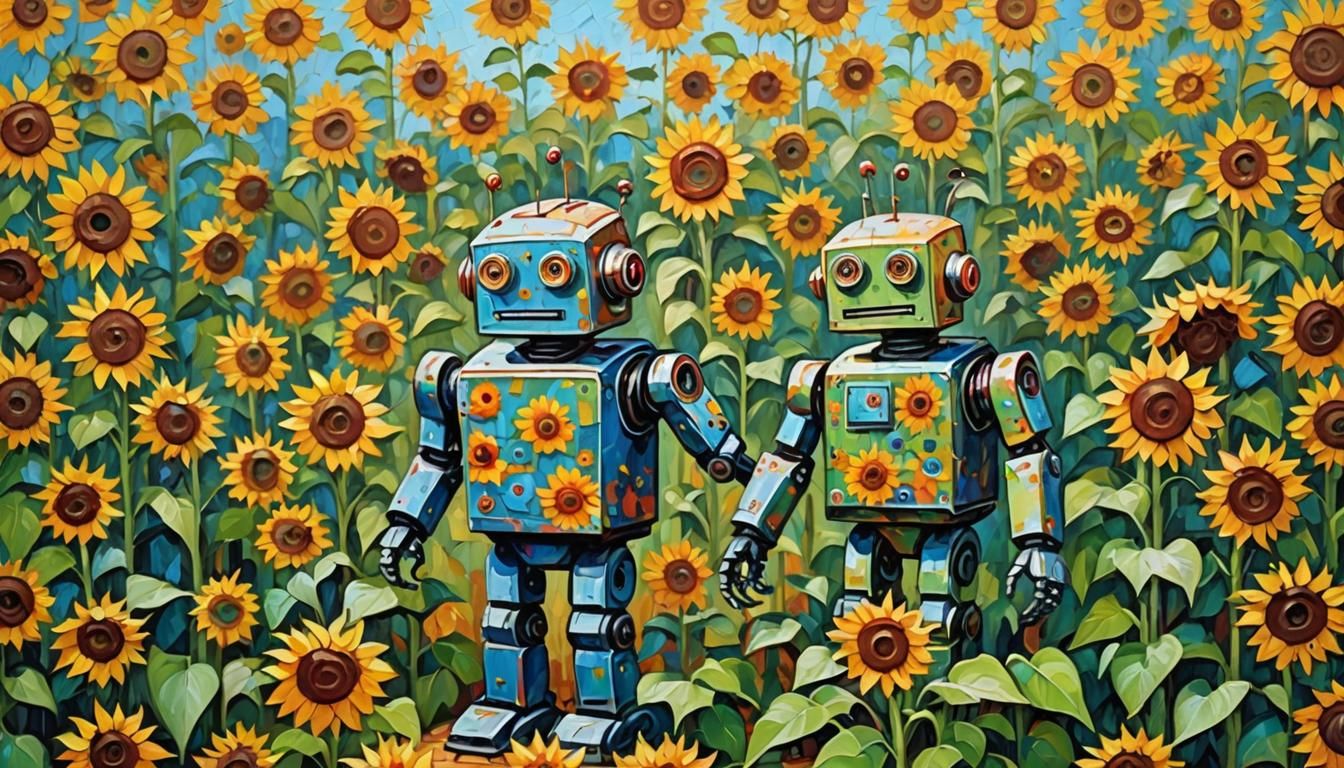 Robot and Sunflowers in Expressionist Oil Painting