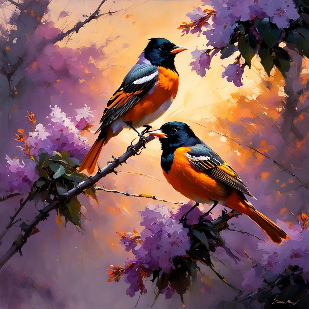 Orioles in Lilacs: Detailed Matte Painting