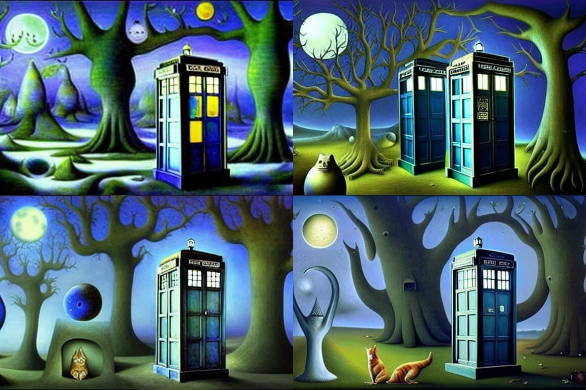 Surreal Landscape with TARDIS in Whimsical Style