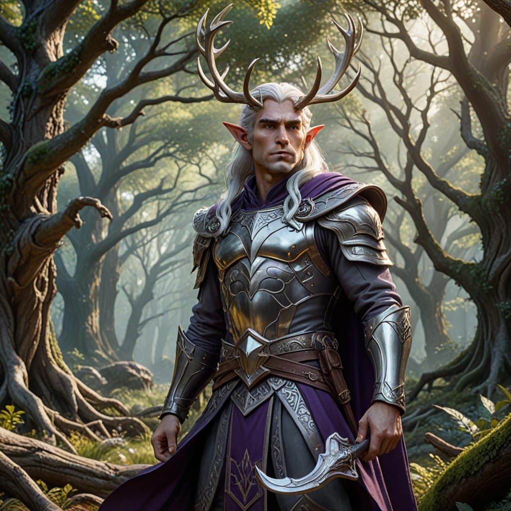 Ethereal Man Elf Stands Tall in Forest, Silver Crown Glintin...