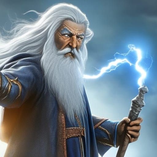 Gandalf Wields Lightning Wand: Hyperrealistic Splash Art
