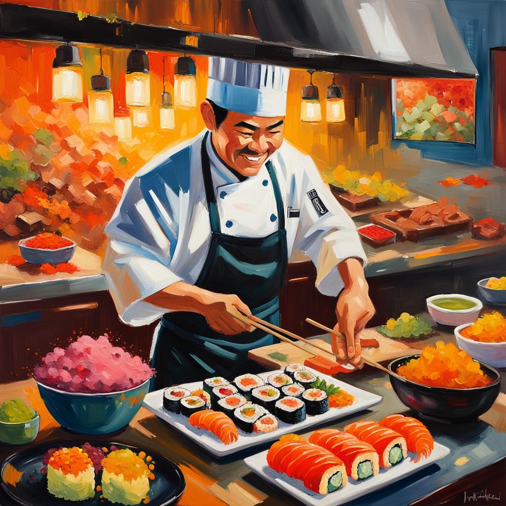 Joyful Sushi Chef: Vibrant Oil Painting with Bold Brushstrok...
