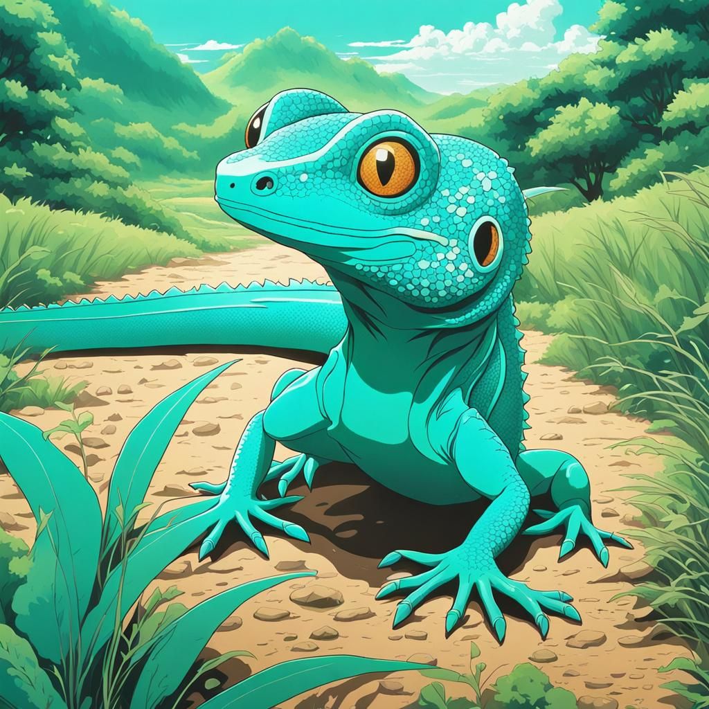 Turquoise Lizard in Serene Anime Landscape