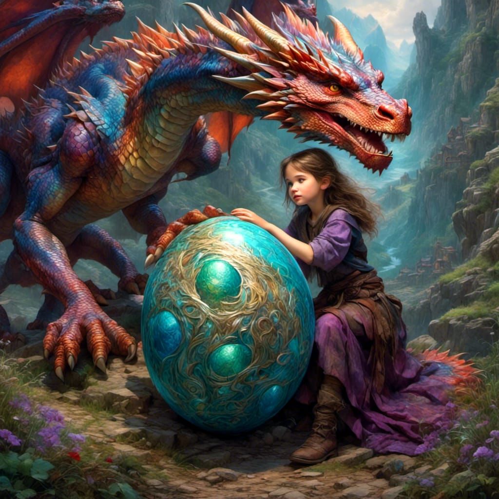 Girl and Hatching Dragon Egg in Digital Painting