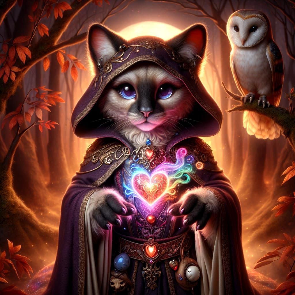 Cute Siamese Cat Sorceress in Enchanted Forest