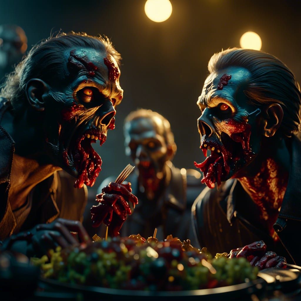 Zombies Feasting on Chicken with Cinematic Lighting