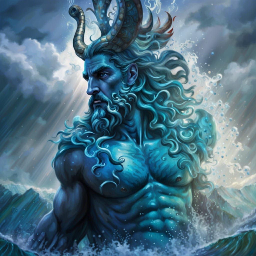 Poseidon, God of Water, in Expressionist Painting