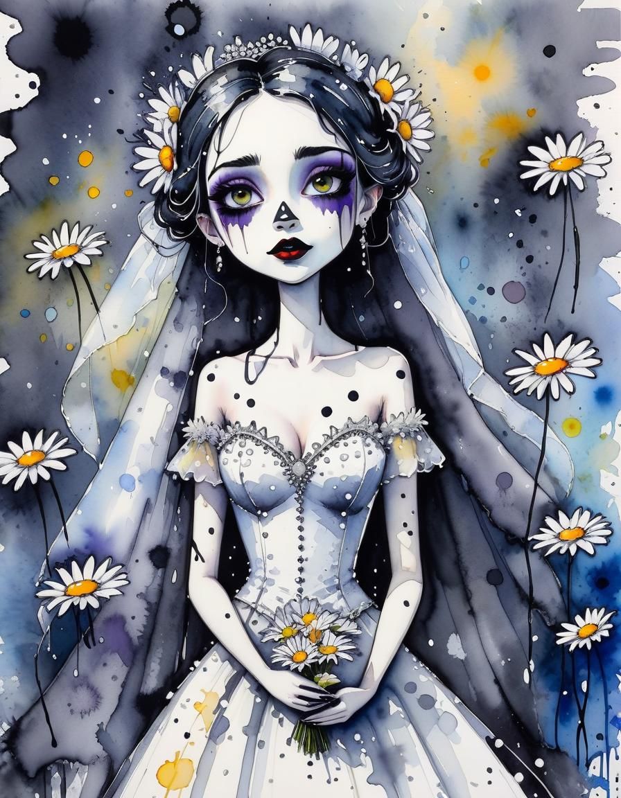 Gothic Bride with Daisies in Watercolour Style