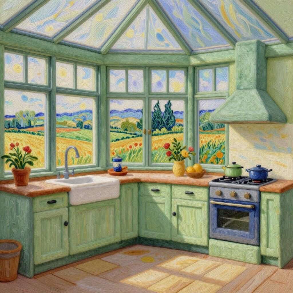Pastel Green Conservatory Kitchen with Countryside View