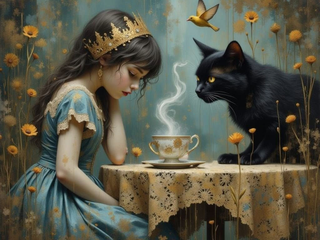 Girl Shares Tea With Crowned Cat in Secret Garden