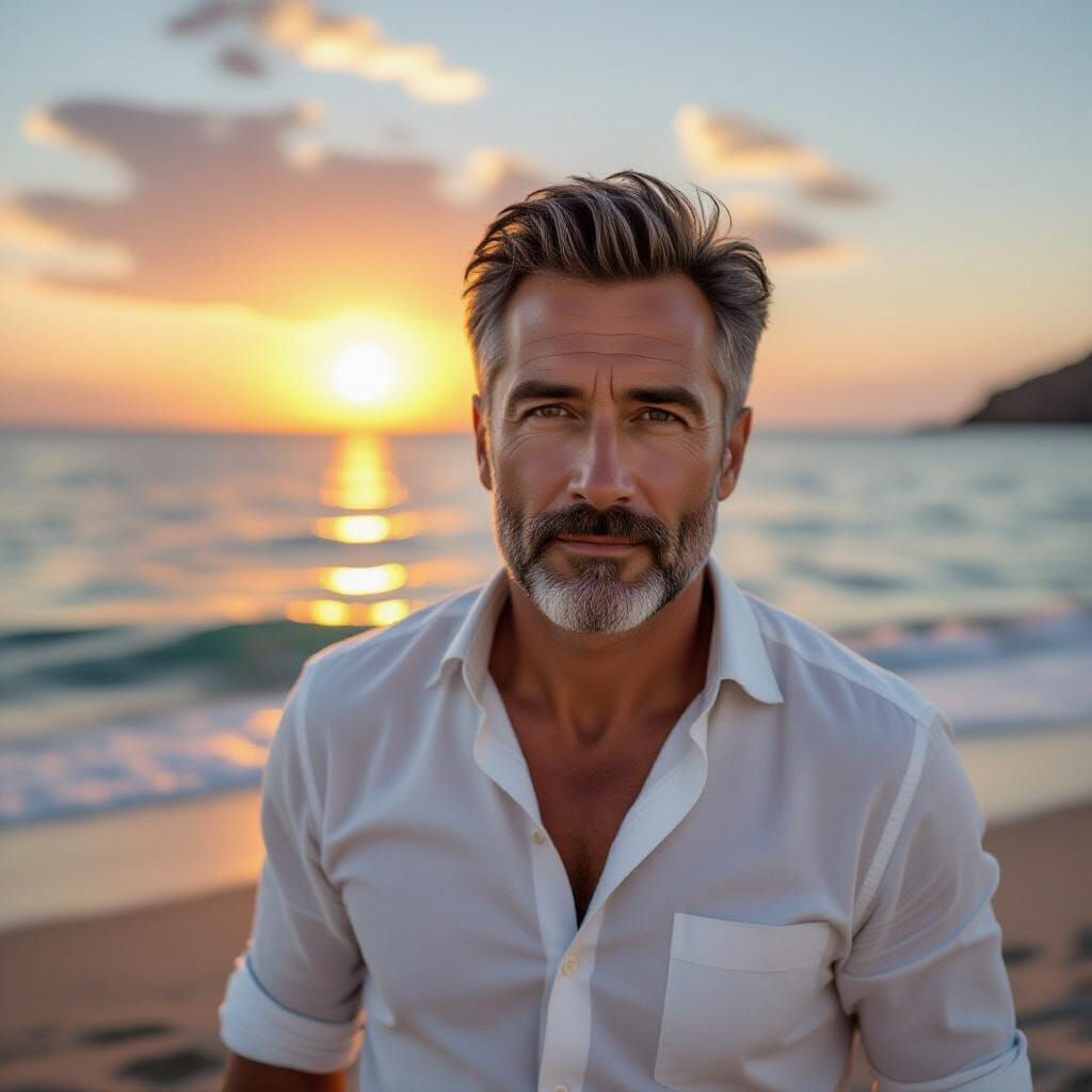 Portrait of Handsome Man on Beach, Impressionistic Style