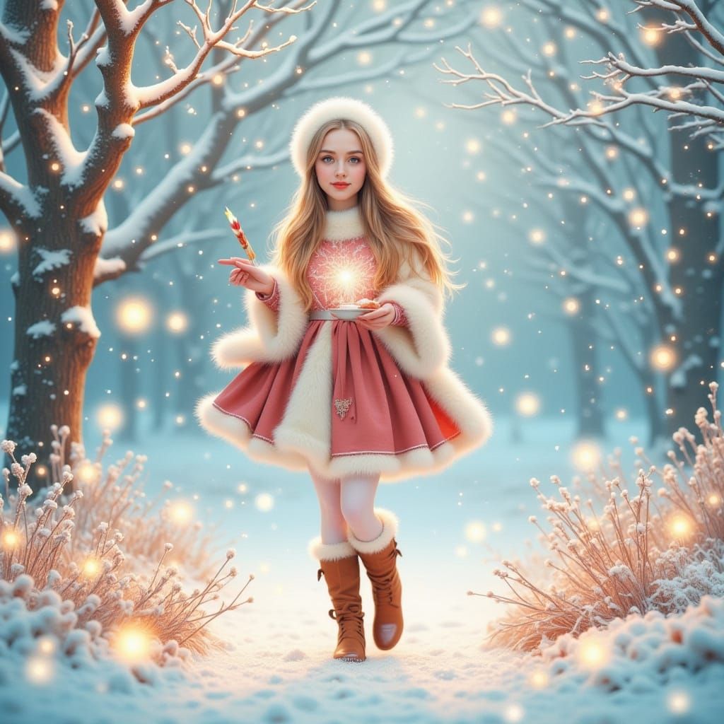 Smiling Woman in Snowy Christmas Garden Pastel Scene