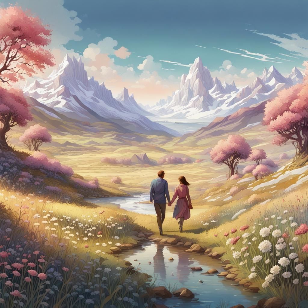 Flowering Meadow Landscape in Digital Watercolor