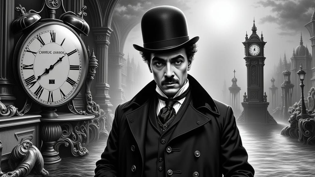 Chaplin in Surreal Dreamscape, Black and White Portrait
