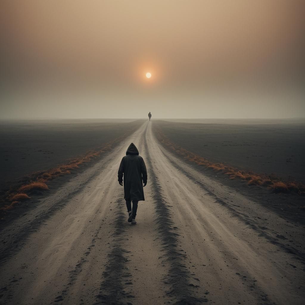 Eerie Runner in Misty, Surreal Landscape