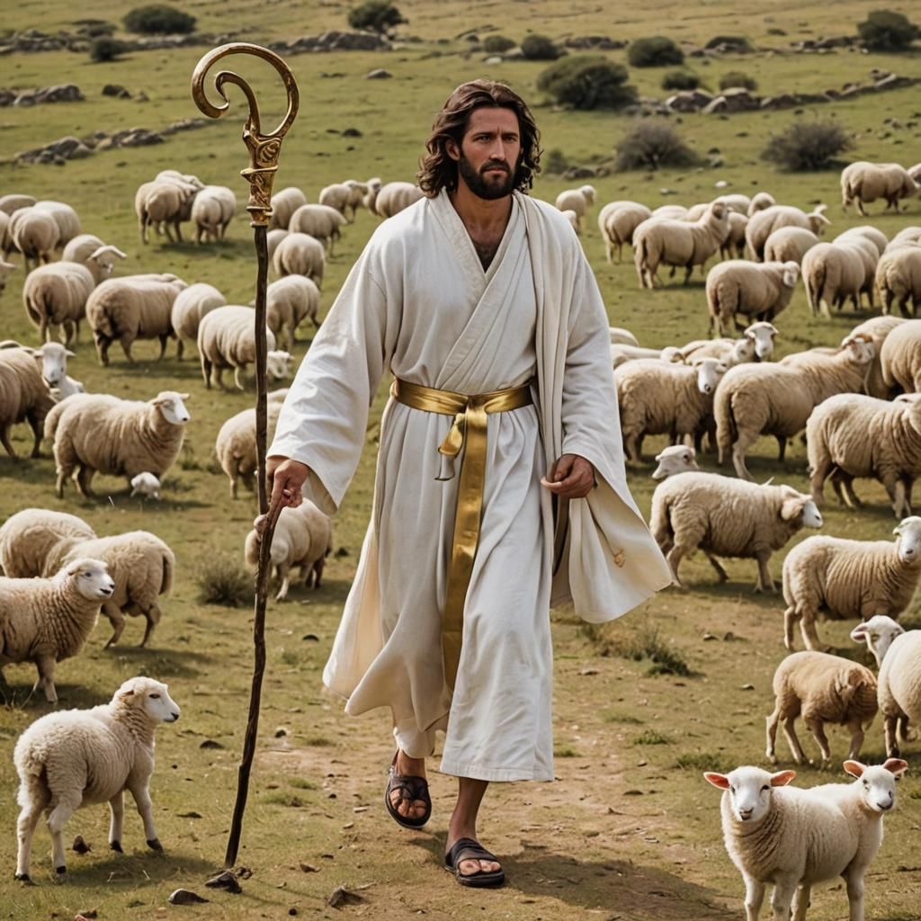 Shepherd with Staff in White Robe