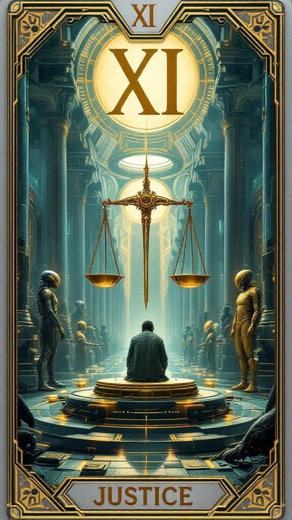 Justice Tarot Card in Cyberpunk Hall