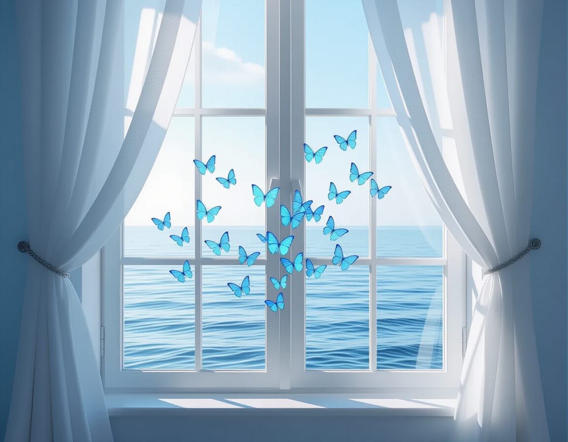 Ethereal Blue Butterflies at a Window Overlooking the Sea